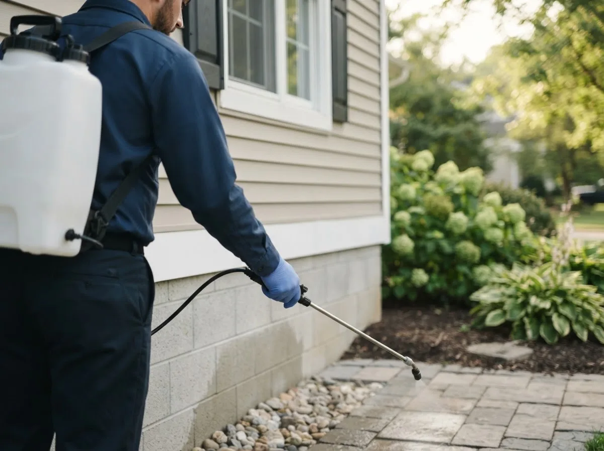 Pest control technician inspecting a home in Franklin, NY